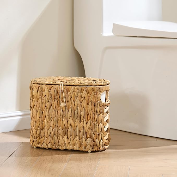 YANGQIHOME Toilet Paper Storage, Water Hyacinth Toilet Paper Storage with Lid, Papers Container for up to 4 Mega Rolls, Bathroom Basket Organizer