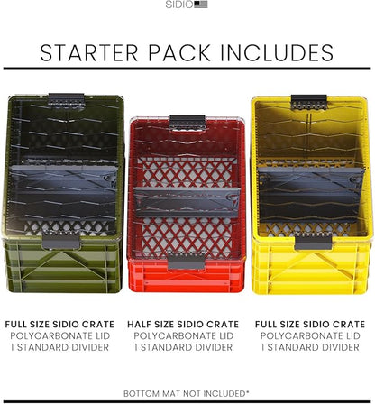 SIDIO CRATE Starter Pack - Two Full Size and One Half Size SidioCrate, Stackable Outdoor Organizer Storage Bins with Clear Lid and Dividers - UTILITY Variety Pack