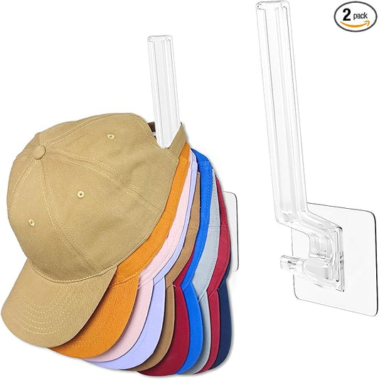 Hat Rack for Baseball Cap, Adhesive Ball Caps Holder on Wall, No Drilling Hat Organizer Wall Storage Wall Mount, Hat Hanger Display, Clear, 2 Pack
