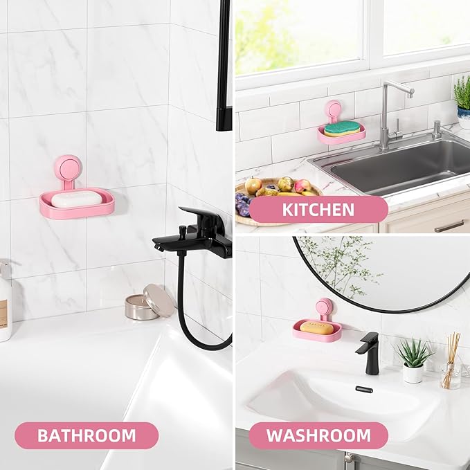 LEVERLOC Soap Dish Holder for Shower Suction Cup Wall Mounted Self Draining NO-Drilling Removable Bar Soap Sponge Holder for Bathroom Bathtub Kitchen Sink Waterproof Strong Vacuum Suction, Pink