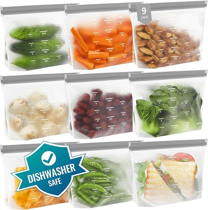 Dishwasher Safe Reusable Storage bags Stand Up - BPA Free Reusable Sandwich bags - Leakproof Gallon Freezer bag, Food Storage bag - Grey 9 Sandwich