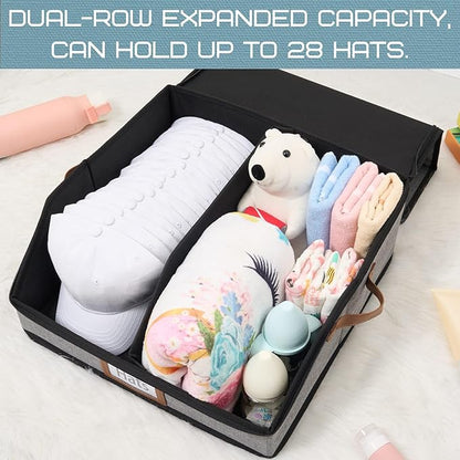Hat Storage Box for Baseball Caps, Large Hat Organizer with Clear Window, Hat Travel Case with Removable Dividers for 30 Caps & Cowboy Hats, Stackable Dustproof Hat Organizer for Closet & Travel, Grey