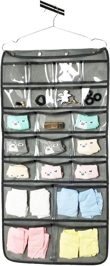 NIMES Hanging Closet Underwear Sock Bra Organizer Dual-Sided Accessories Storage With 42 Clear Pockets (GREY)