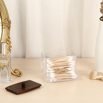 Hipiwe Clear Acrylic Qtip Holder Apothecary Jar with Wood Lid Cotton Ball and Swab Organizer Bathroom Accessories Canister Paperclip Organizer for Cotton Round Pads, Floss Picks