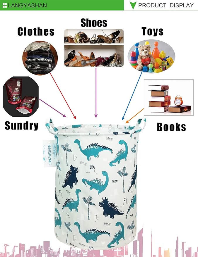 Laundry Basket Canvas Fabric Collapsible Organizer Basket for Storage Bin Toy Bins Gift Baskets Bedroom Clothes Children Nursery Hamper (Full dinosaur)