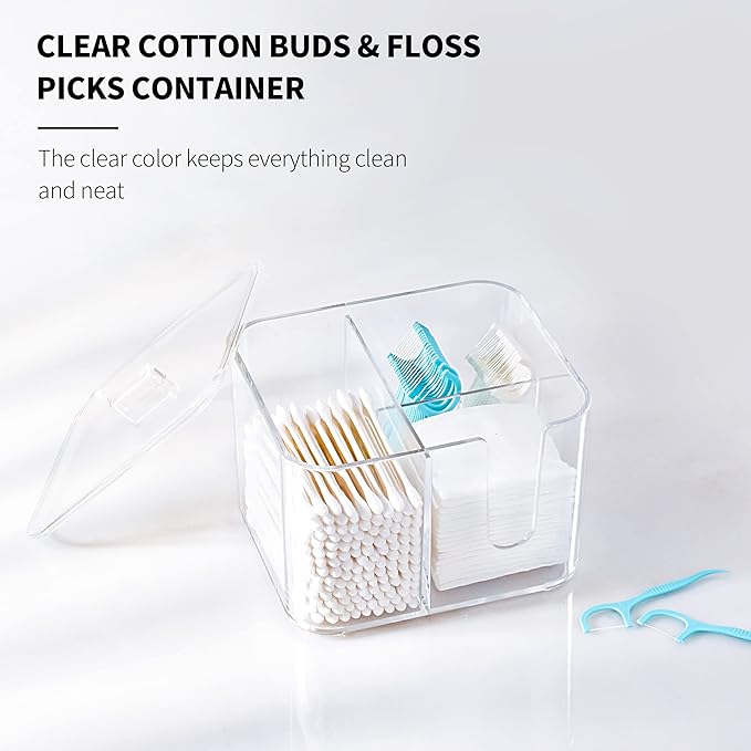 YOHOM Clear cotton ball and swab holder organizer with lid Bathroom Qtips Storage Container Box Plastic Cotton Round Pads Dispenser