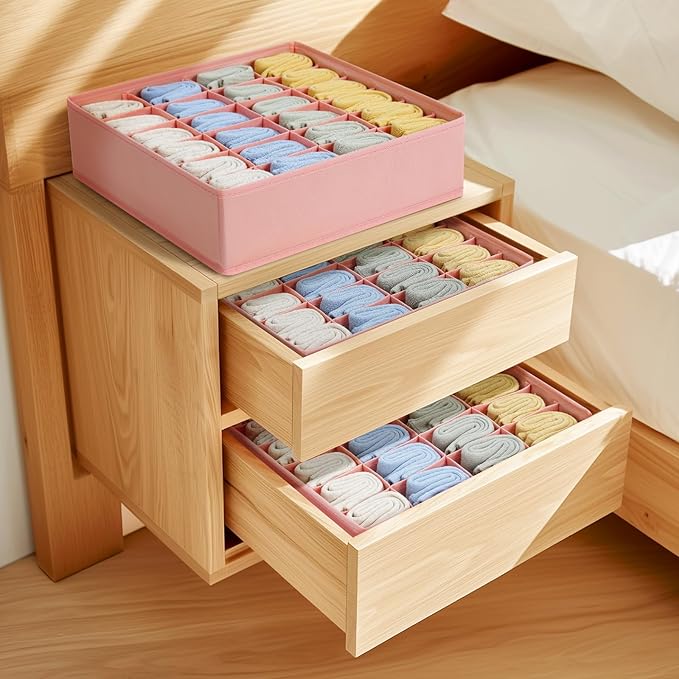 Joyoldelf 4-Pack Pink Fabric Dresser Drawer Organizers, 24-Cell Sock Drawer Divider, Non-woven Material