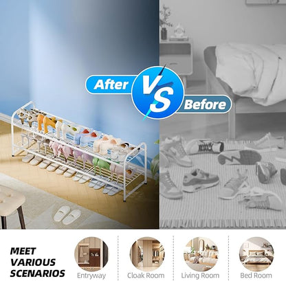 Shoe Rack for Closet, 2 Tier 44 Inch Extra Wide Shoe Storage Organizer for Shelves, Heavy Duty Metal, Easy Assembly, White