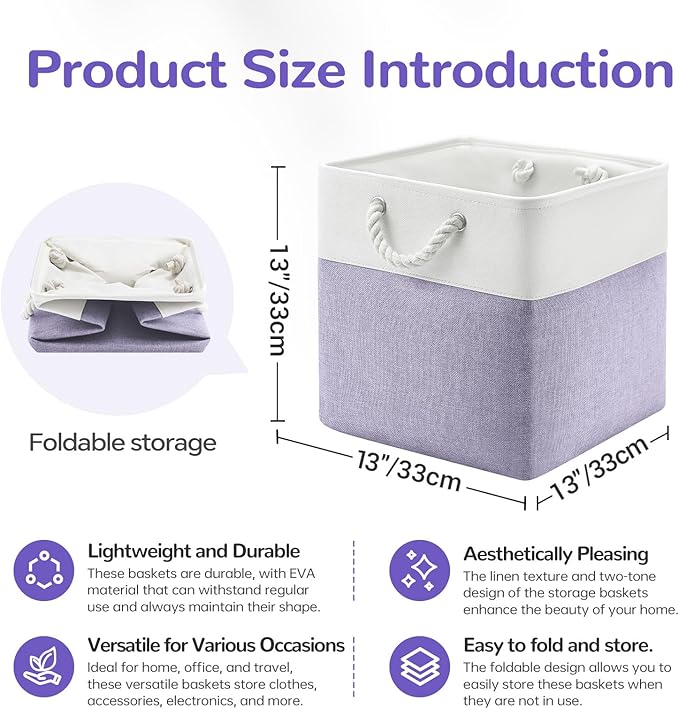 13 x 13 Inch Cube Storage Bins, 6 Pack Fabric Storage Basket with Handles, Foldable Boxes Organizer for Shelf Baskets for Home, Clothes (White/Purple)