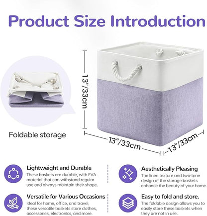 13 x 13 Inch Cube Storage Bins, 6 Pack Fabric Storage Basket with Handles, Foldable Boxes Organizer for Shelf Baskets for Home, Clothes (White/Purple)