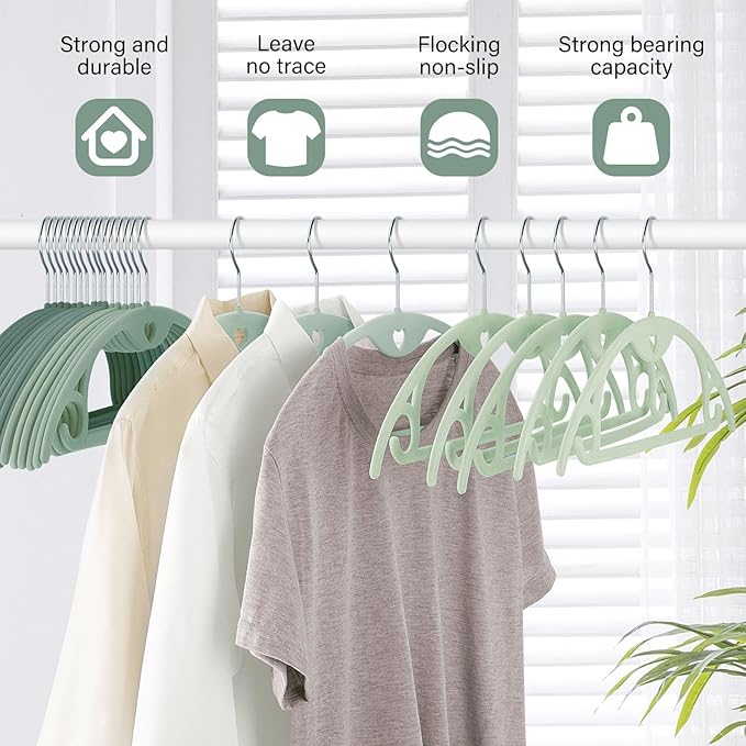 Velvet Hangers 50 Pack: Felt Clothes Hangers Heavy Duty Shirt Sweater Hangers No Shoulder Bump Non Slip Slim Thin Coat Hangers for Closet - Green Multi