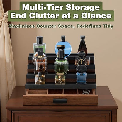 Perfume Cologne Organizer for Men: 4 Tier Wooden Perfumes Stand, Desktop Parfum Holder Wood Display Shelf with Cabinet, Bedroom Dresser Makeup Lotion Jewelry Storage Rack with Drawer
