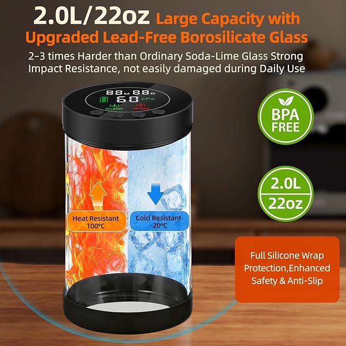 Electric Vacuum Coffee Canister, 2.0L Glass Airtight Food Storage Containers with Smart Pressure Sensor, Automatic Coffee Bean Container Rechargeable with LED Display Window for Kitchen Food Storage