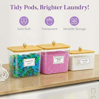 Lifewit Laundry Pods Container with Lid, Dryer Sheet Holder, Room Organization Storage for Coffee Pods Kcup Washing Powder, Scent Booster Beads, 2600 +2000ml/0.53+0.7gal，Natural,4 Pcs