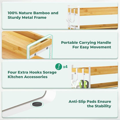 EsLuker.ly Spice Seasoning Rack Organizer Kitchen Countertop, 4 Tier Bamboo Spice Shelf Holder Storage with 4 Hooks, Wall Mounted Freestanding Stand for Pantry, Bamboo-White(Jars Not Included)