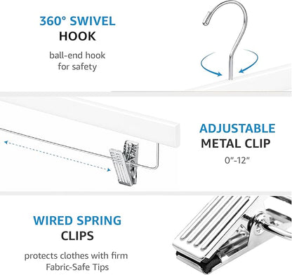 ZOBER Wooden Pants Hangers with Clips - 10 Pack Premium Wood Skirt Hangers for Women, Heavy Duty Wooden Hanger with Adjustable Metal Grip Clips for Jeans and Shorts, Smooth Finish White