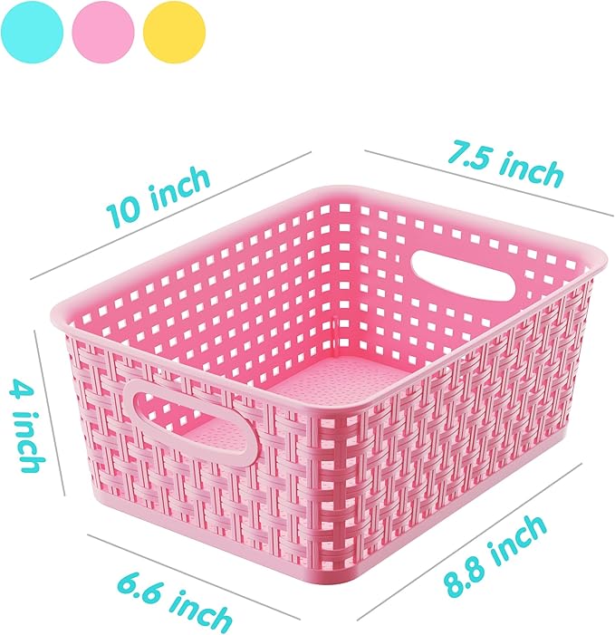 Colorful Small Plastic Storage Woven Baskets, 6 Pack Versatile Shelf Organizer Weave Baskets for Classrooms, Children's Rooms & Pantries, Pink/Yellow/Blue-10x7.5x4 inch