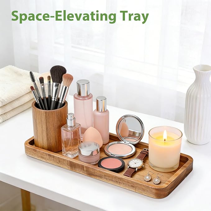 Wooden Bathroom Vanity Tray, 11.8" Decorative Wood Trays for Home Kitchen, Acacia Wood