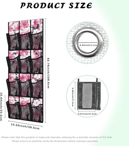 Pink Flower Over The Door Shoe Organizer,Hanging Shoe Organizer for Door with 12 Mesh Pockets,Breathable Organizer Storage Bag,Shoe Rack for Door Sneaker Hanger Boot Storage