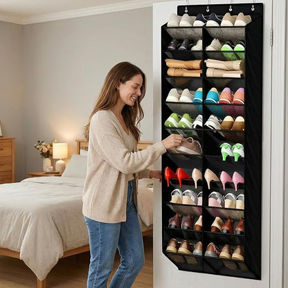 Over The Door Shoe Organizer Storage - Large Size Hanging Shoe Organizer Rack for Door Closet Holds 10 Tiers, Widened and Deep Pockets - Fit All The Family's Sneakers, Boots, Heels,Black