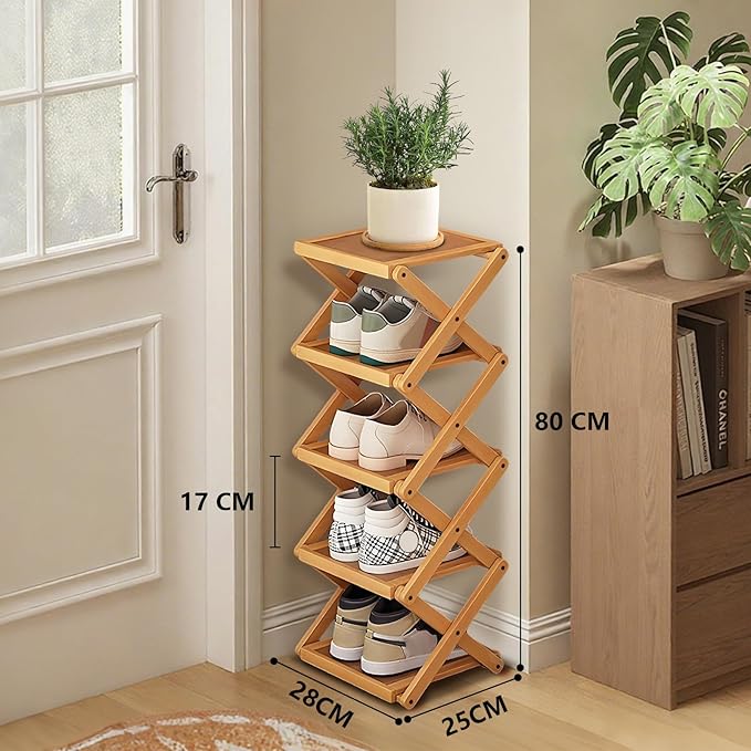 YYW Shoe Rack, Foldable Bamboo Shoes Shelf, Freestanding Shoe Storage Organiser for Entryway, Bedroom, Closet, Hallway - Functional, Natural Shoe Rack (Original, 5 Layers)