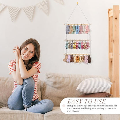 SNOWSTAR Macrame Hair Claw Clip Organizer with 30 Metal Rings,Hanging Hair Clip Holder and Storage for Women Girls,Claw Clips Hanger Home Decor for Wall,Door,Closet