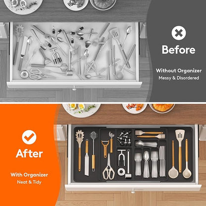 Lifewit Utensil Organizer for Kitchen Drawer, Expandable Cooking Silverware Tray, Adjustable Cutlery Flatware Holder, Plastic Spatula Tools Storage Divider, 21.3- 36 x 16.9", Black