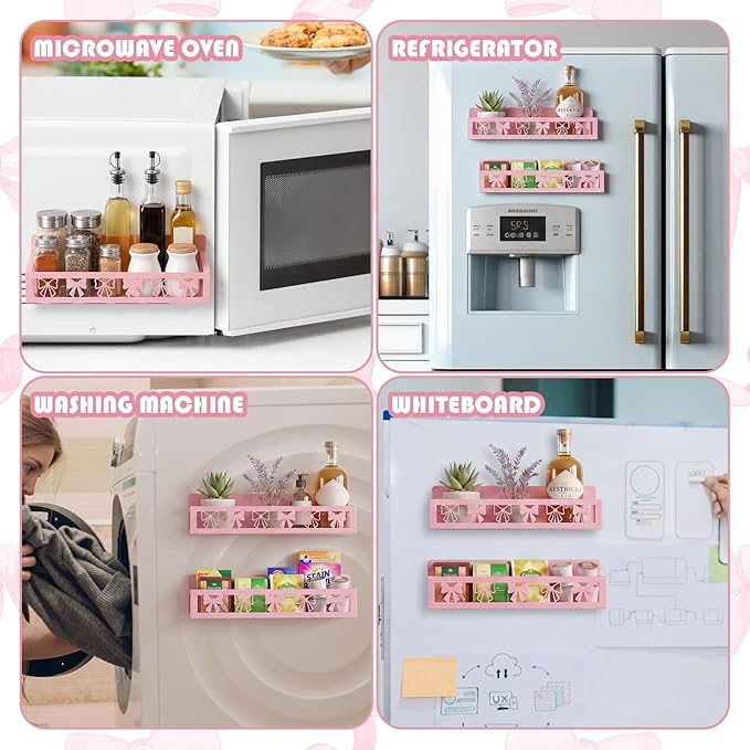 Beeveer 2 Pack Sweet Bow Magnetic Spice Rack for Refrigerator Metal Magnet Basket Shelf for Fridge Seasoning Storage Organizers Home Decor Kitchen Accessories (Pink)