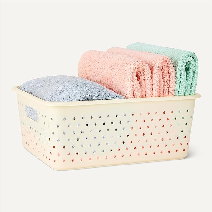 Amazon Basics Decorative BPA-Free Plastic Storage Baskets, 13.66 x 11.34 x 5.39, Ivory, Pack of 4