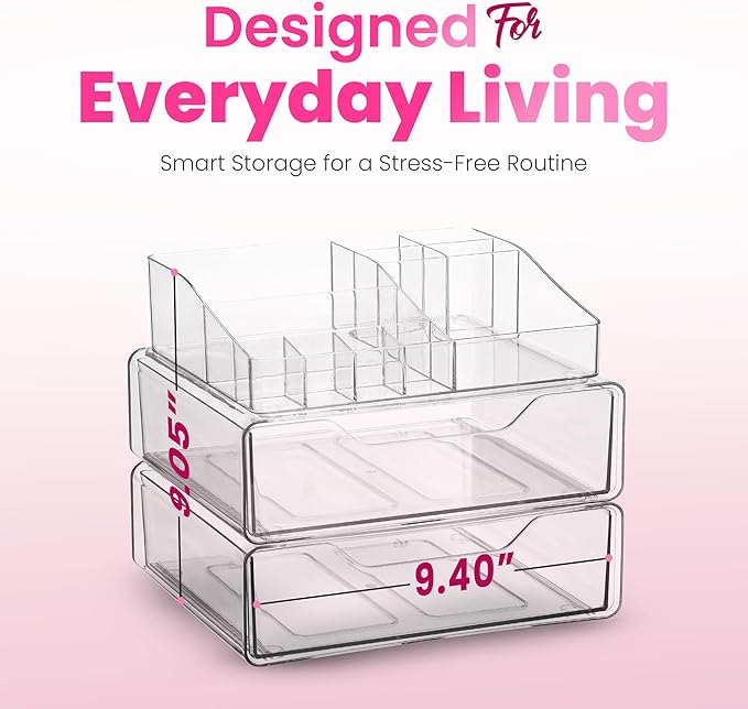 Masirs Clear Acrylic Makeup Organizer with Drawers – Cosmetic Vanity Storage for Skincare, Hair Accessories, Jewelry, Perfume – Durable Countertop Bathroom Organizer