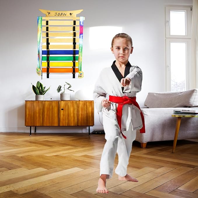 10Belts Taekwondo Belt Display, Rack with Stickers, Martial Arts Belt Display Holder, Karate Belt Jiu Jitsu Belt BJJ Belt Display Hanging Holder for Kids and Adults Gifts