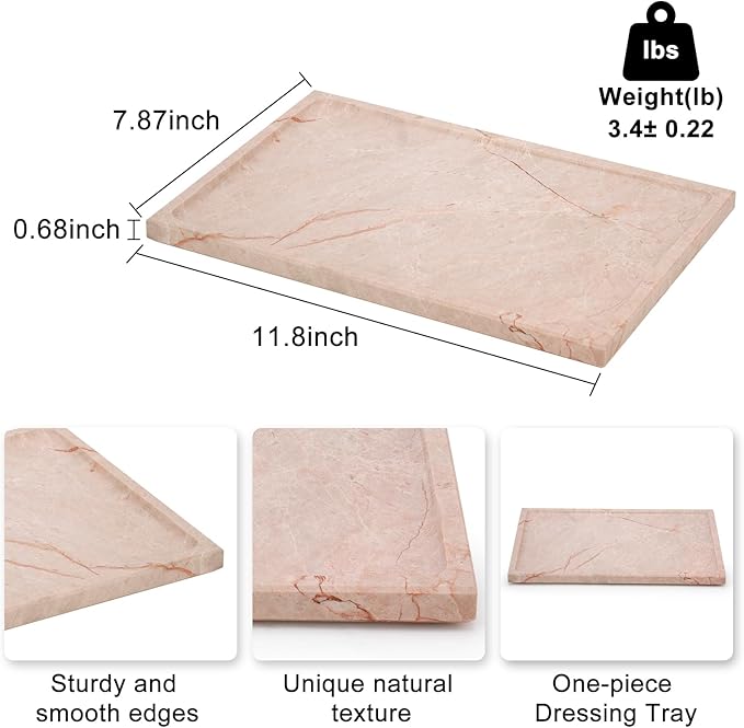 Real Luxurious Natural Marble Tray - 12x8 Inch Marble Vanity Tray for Perfume Display, Jewelry Organizer, Bathroom & Home Decor -Heavy Duty Non-Slip Stone Tray (Non-Resin/Non-Ceramic)（Pink）