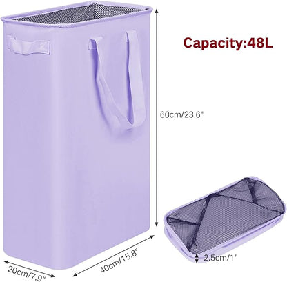 efluky Slim Laundry Basket, Narrow Laundry Hamper with Handles, Collapsible Dirty Clothes Hamper, Tall Laundry Bin for Laundry Room, Dorm and Bedroom, 12.7 Gallons(48L) Light Purple
