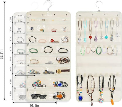 Freegrace Hanging Jewelry Organizer Revolving Hanger - Secure Zipper Closure - 25 Pockets,23 Hooks - Foldable Storage & Display Solution - For All Jewelry & Bijoux (Beige)