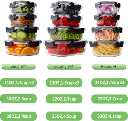 HOMBERKING 24pc Borosilicate Glass Food Storage Containers with Lids, Glass Meal Prep Containers with Leak Proof Snap Lock, Airtight Bento Lunch Boxes, Kitchen Storage (12 lids & 12 Containers)-Black