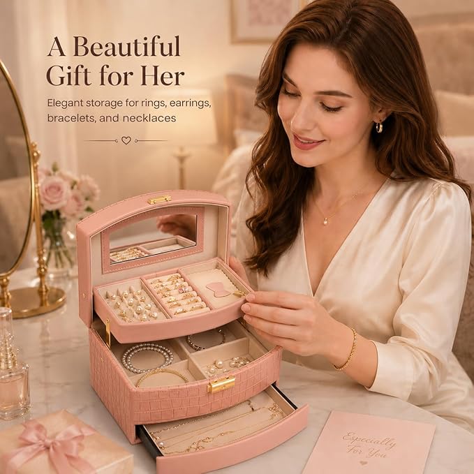 Elegant 3 Layer Lockable Jewelry Box for Women – Mirrored Jewelry Organizer with Key & Drawer, Travel Friendly PU Leather Storage Case,Gift for Wife, Mom, Daughter (Pink)