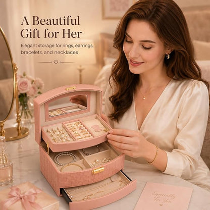 Elegant 3 Layer Lockable Jewelry Box for Women – Mirrored Jewelry Organizer with Key & Drawer, Travel Friendly PU Leather Storage Case,Gift for Wife, Mom, Daughter (Pink)