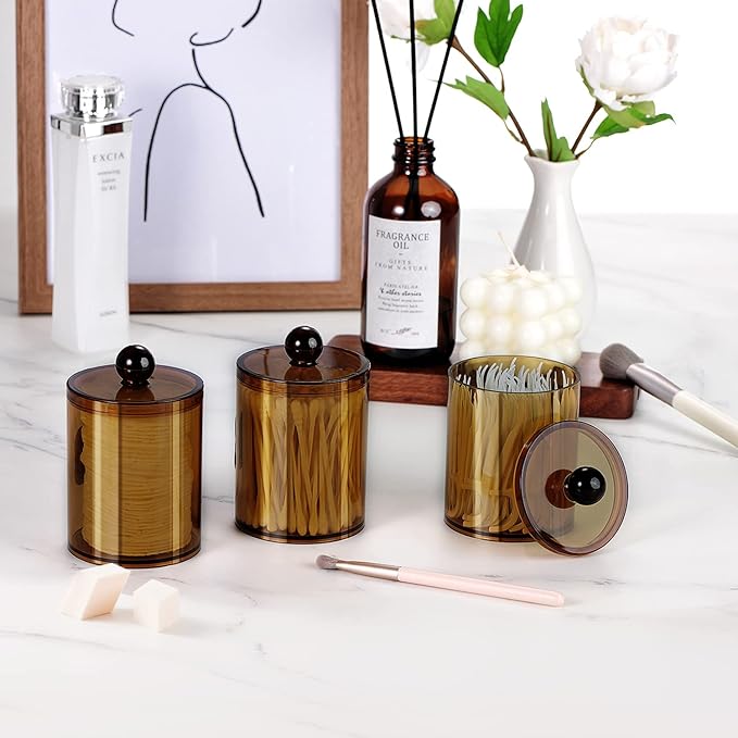 SheeChung 4-Pack Amber Acrylic Apothecary Jars - (2) 10oz & (2) 12oz Qtip Holder Set - Shatterproof Bathroom Vanity Organizer for Cotton Swabs,Balls,Pads - Modern Farmhouse Decor