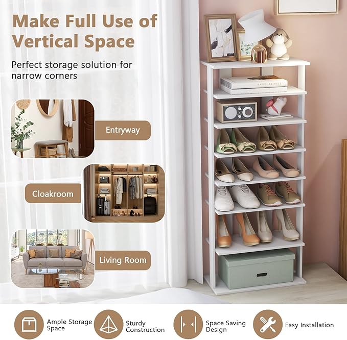Giantex 8-Tier Wooden Shoe Rack, Patented Double Row Shoe Organizer for 16 Pairs, Customizable Height, Space-Saving Shoe Storage Stand for Entryway, Hallway, Living Room, Bedroom (White, Double)