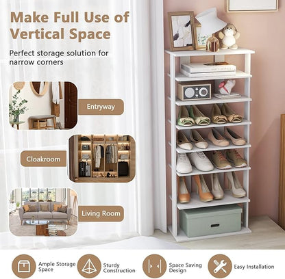 Giantex 8-Tier Wooden Shoe Rack, Patented Double Row Shoe Organizer for 16 Pairs, Customizable Height, Space-Saving Shoe Storage Stand for Entryway, Hallway, Living Room, Bedroom (White, Double)