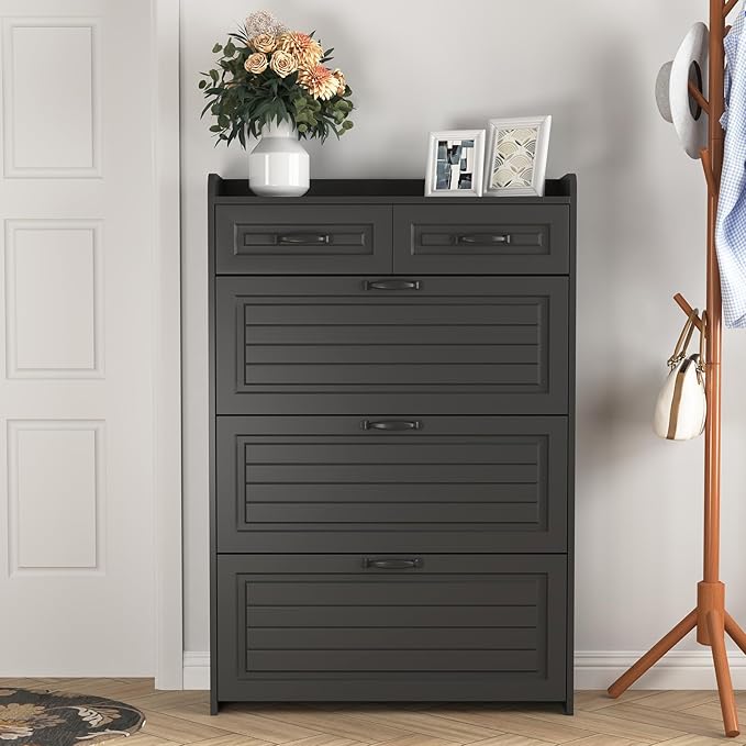 Vibe & Dine Narrow Shoe Organizer Cabinet with 3 Large Flip Drawers & 2 Storage Drawers - Slim Shoe Storage for Entryway, Hallway, Bedroom, Black