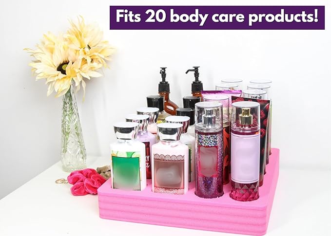 Polar Whale Lotion and Body Spray Stand Organizer Large Tray Pink Durable Foam Washable Waterproof Insert for Home Bathroom Bedroom Office 12.3 x 11.75 x 2 Inches 20 Slots