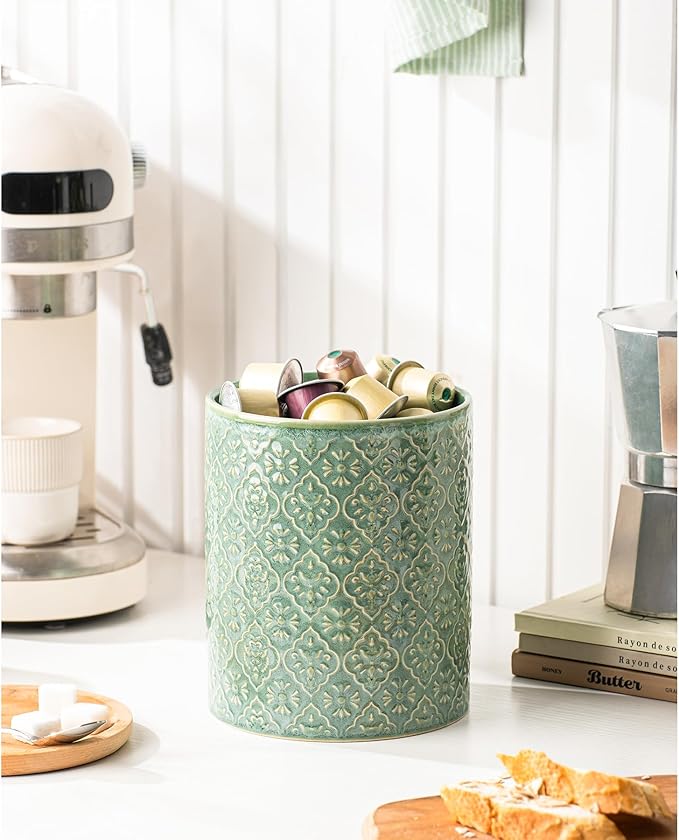 Kitchen Utensil Holder, 6x7 inch Large Ceramic Utensil Holder with Embossed Pattern, Cooking Utensil Crocks for Kitchen Countertop, Home Decor, Forest Green
