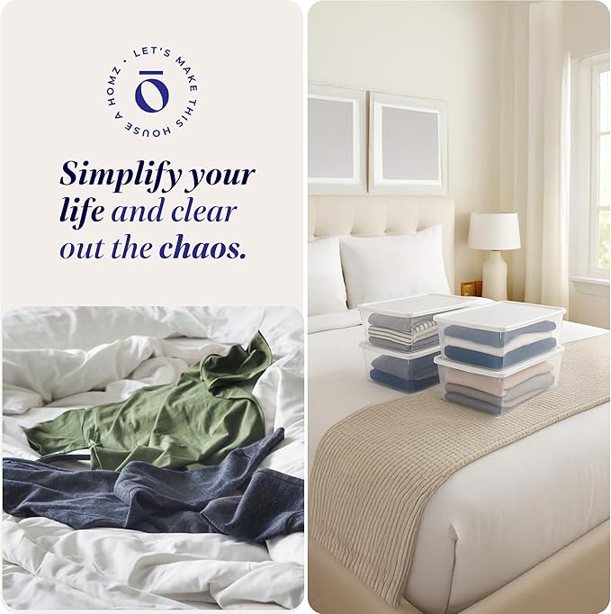 HOMZ 4-Pack Snaplock, Small Clear Plastic Storage Organizer Bins w/Lids, 12 Quart, White - Stackable Container Boxes for Bedroom, Bathroom, Garage, and Office Organization