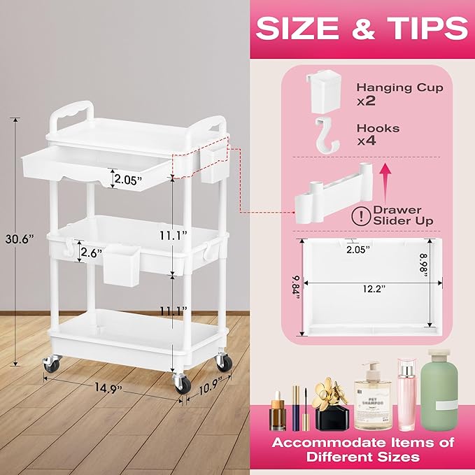 Goovilla Rolling Makeup Organizer Cart with Removable Drawer, 3 Tier Stable White Floor Skincare Storage Cart for Vanity, Cosmetic Display, Nail Polish, Perfume, Hair Stuff, Beauty, Bathroom(Plastic)