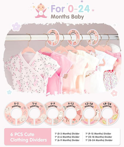 VIS'V Baby Hangers, 11 Inch Velvet Kids Hangers with 6 Pcs Clothes Size Dividers, Infant Toddler Nursery Closet Organization, Non Slip, Pink, 30 Pcs