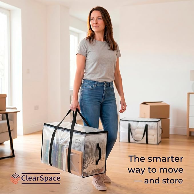 ClearSpace Heavy Duty Moving Bags or Storage Bags – Clear Storage Bins with Lids, Large Moving Boxes with Backpack Straps & Zippers – Packing Bags & Moving Supplies for College Dorm- 8 Pack