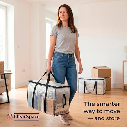 ClearSpace Oversized Moving Bags or Storage Bag – Large Moving Boxes with Backpack Straps, Zippers & Handles – Heavy-Duty Packing Bags for Moving, College Dorm, Christmas Decorations, 2 Pack