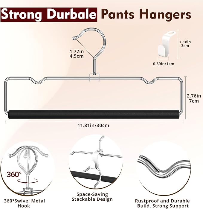 DOIOWN Pants Hangers Space Saving,10 Pack Non Slip Metal Pant Hangers with Foam Padding,Compact Closet Organizers and Storage Jean Hanger for Closet, Holding Pants, Jeans, Skirts,Scarves