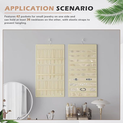 Hanging Jewelry Organizer Storage Roll, Double-Sided Necklaces Holder, 42 Pockets Plus 36 hooks Earrings Organizer Hang in Closet, On Wall, or Doors, Beige